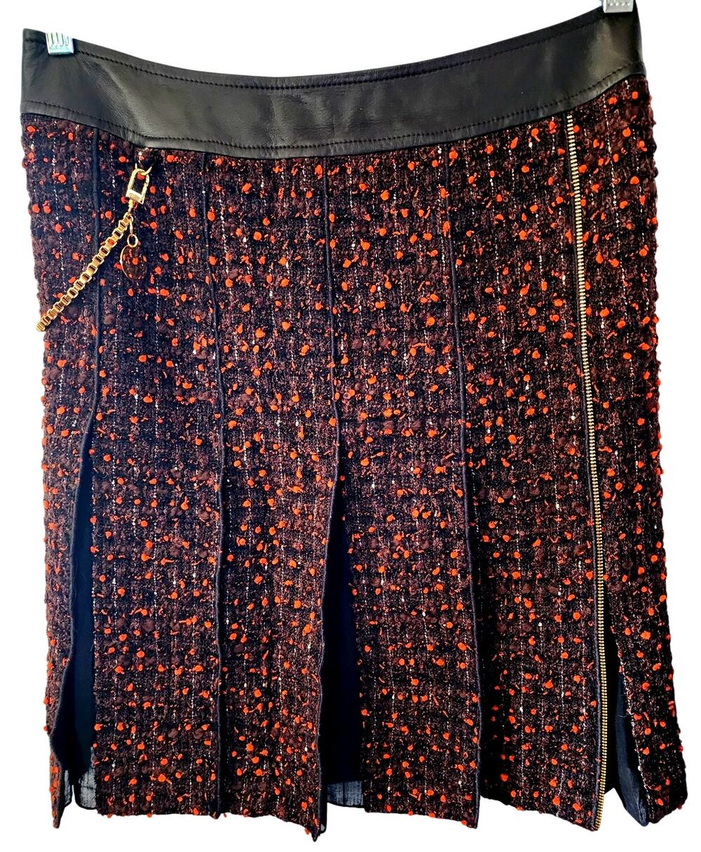 Per Se Wool Blend Tweed Black Orange Knee Leather & Gold Trim Length Skirt 8